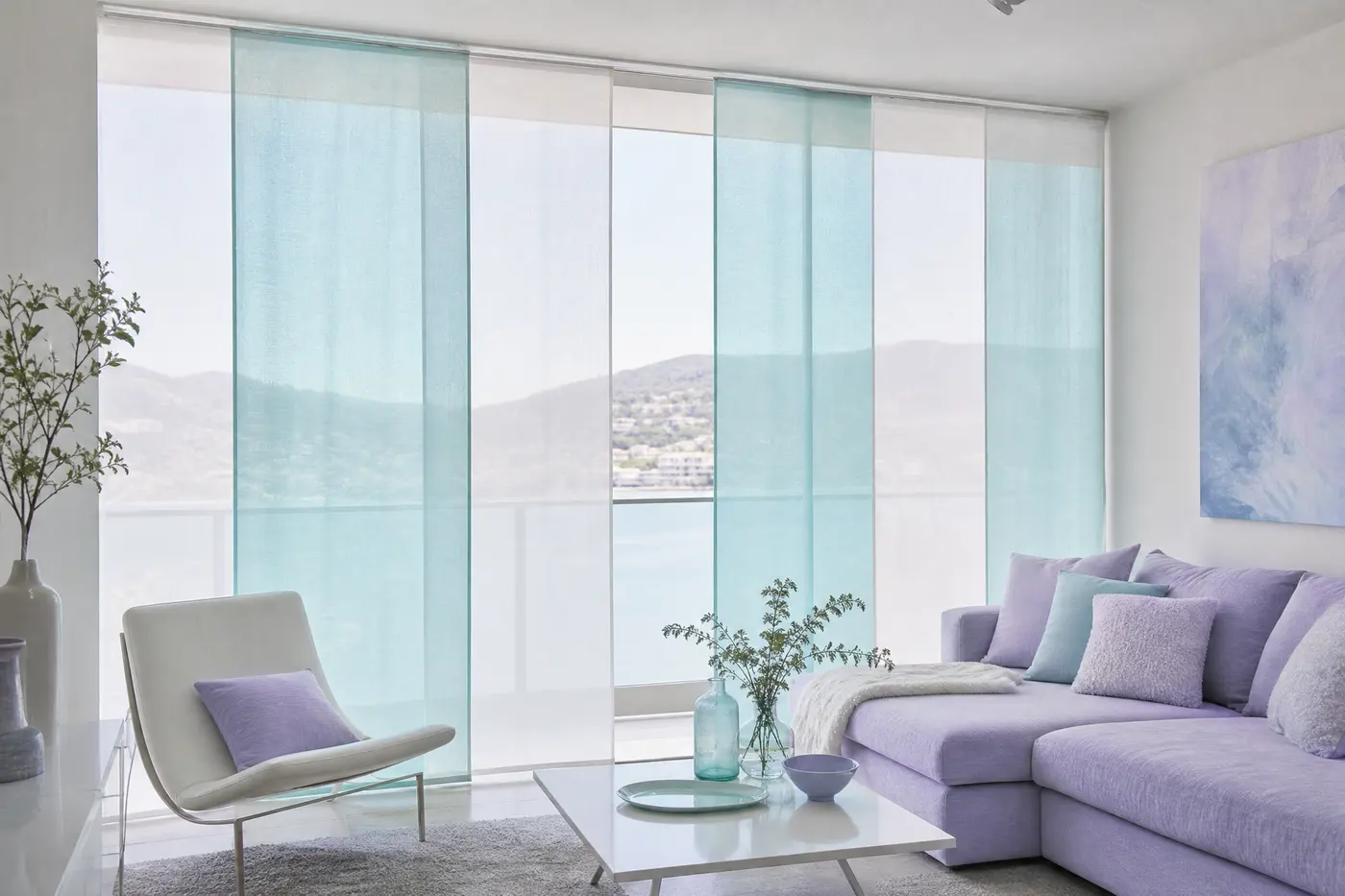Paneles japoneses aqua deslizándose frente a un ventanal con vistas al mar