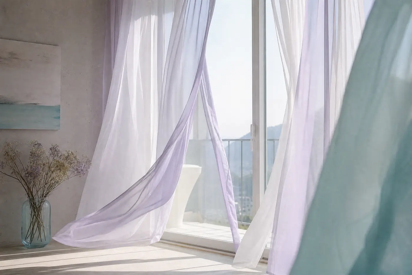 Visillo de voile colgado en una ventana con vistas a la ciudad